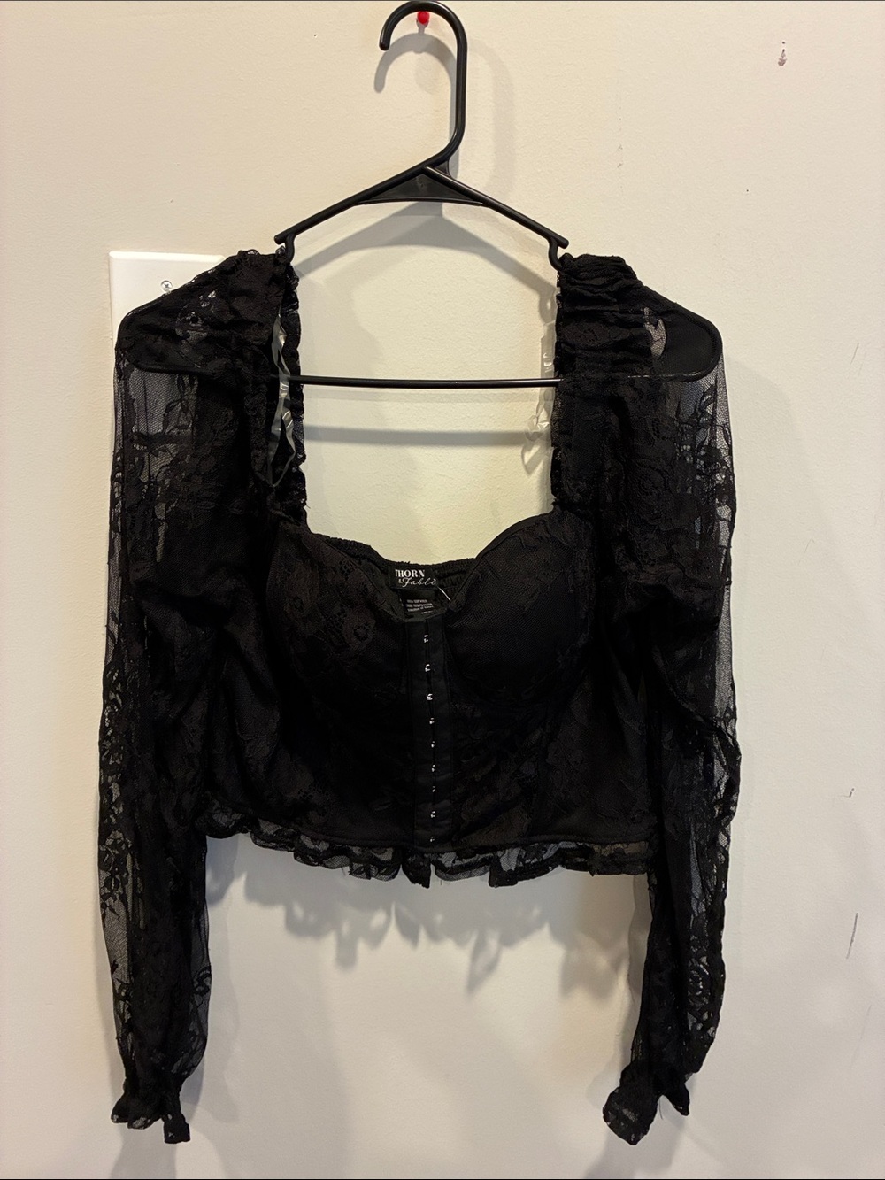 Sheer Black Lace Long-Sleeve Bustier Top by